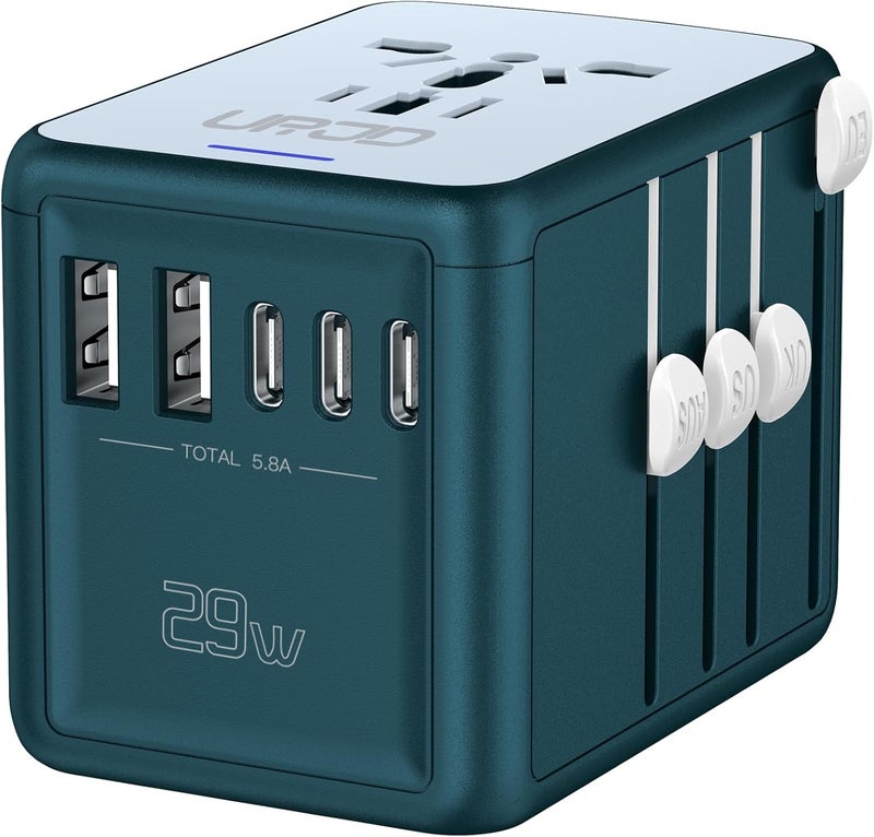 URJD Universal Travel Adapter with 6.0A 3X 3.0A USB-C Ports, 2X 2.4A USB-A Ports & 2500W AC Outlets, International Power Plug Adapter Worldwide Travel Charger for EU UK AUS USA (Type C/G/I/A Plug) - Image 1